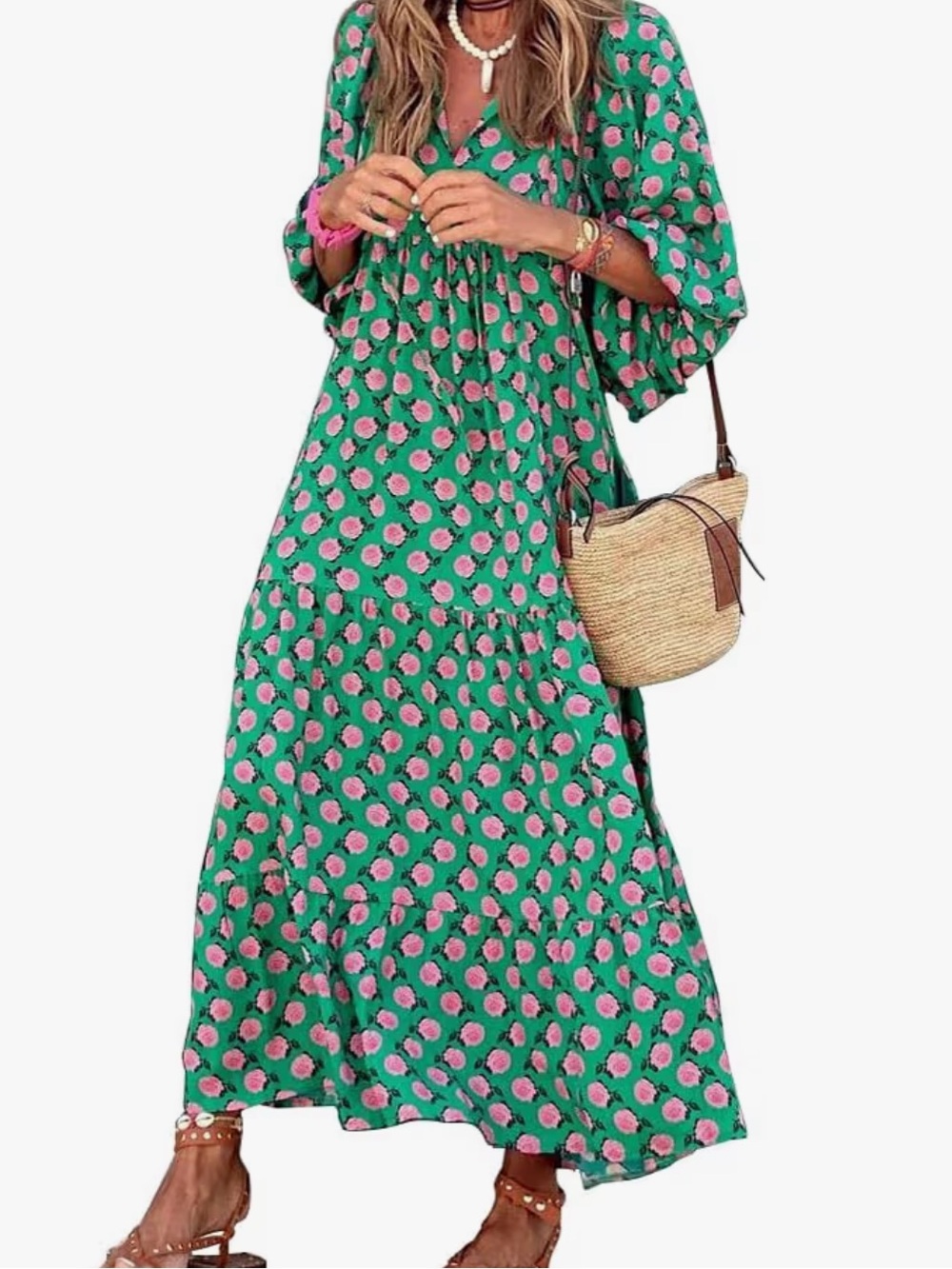 Cezele Green Maxi Dress with Pink Floral Print